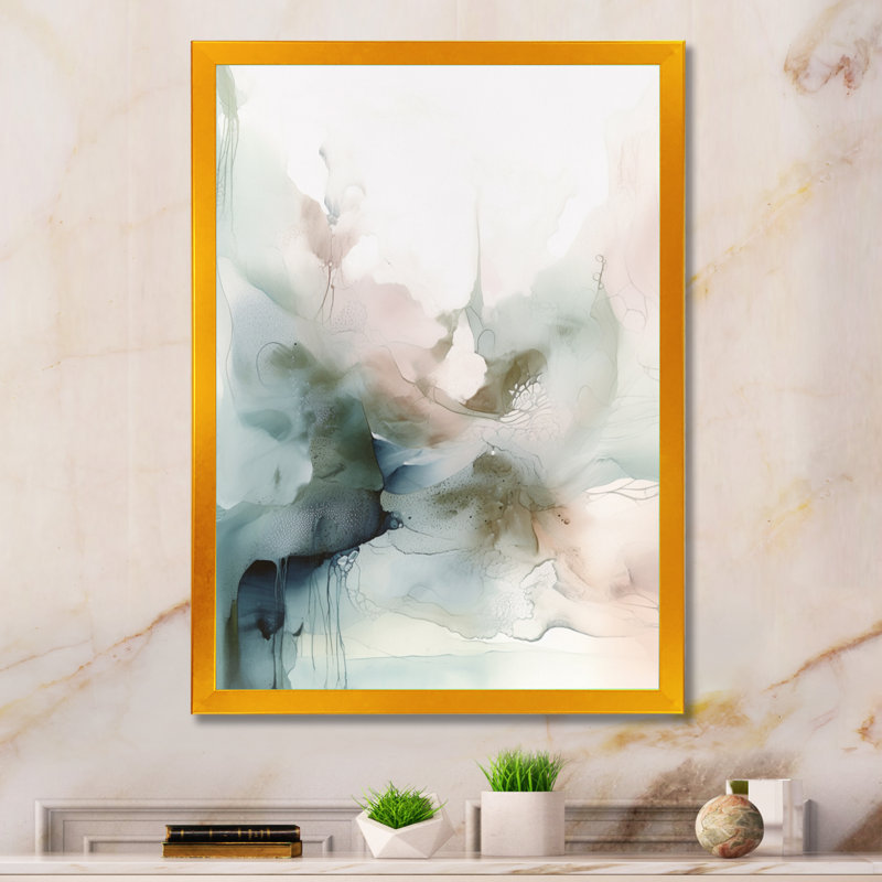 «Green and Cream Essence Of Modernity II», art mural abstrait en marbre, H 20 po x l 12 po, Impression encadrée, Doré
