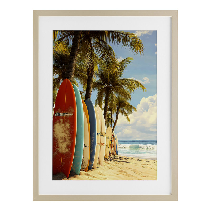 Planches de surf alignées avec palmiers, reproduction encadrée sous verre, design par LSR Design Studio, H 23 po x l 17 po