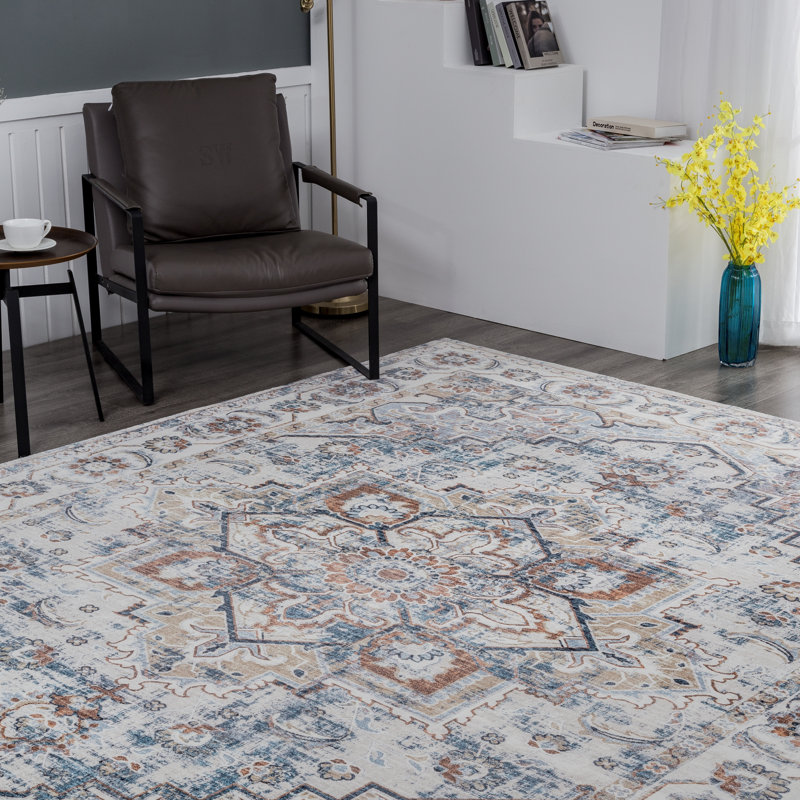 Dontre Oriental Area Rug in Beige, Rectangle 5'6" x 8'6"