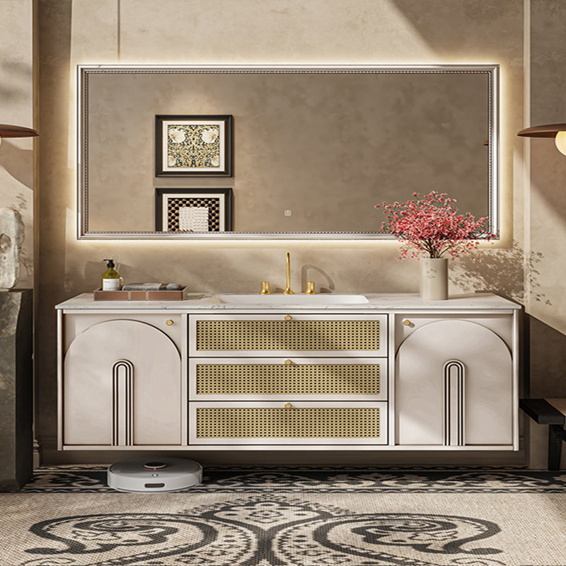 Armoire de salle de bain intelligente de style américain, H 19,69 po x l 62,99 po x P 21,65 po, Blanc cassé