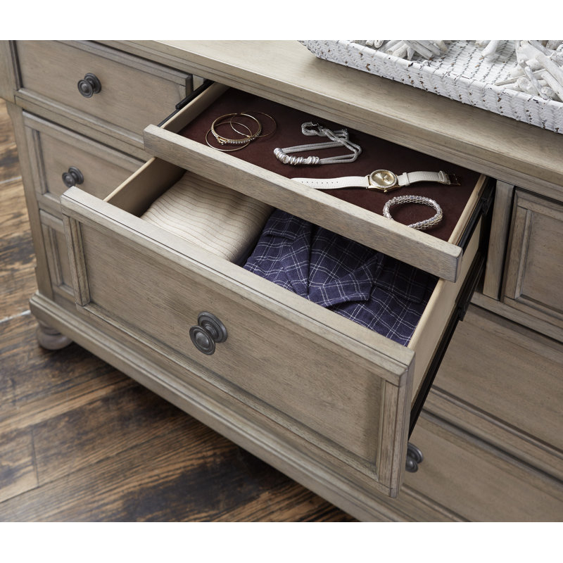 Alek 64.75" W Transitional 7-Drawer Solid Wood Dresser with Hidden Felt-Lined Jewellery Drawer, Wire Brushed Grey