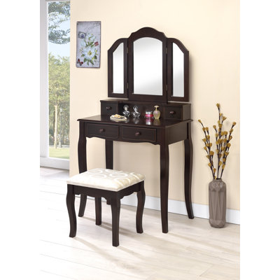Llanes Solid and Manufactured Wood Vanity Set with Tri-Fold Mirror and Stool 