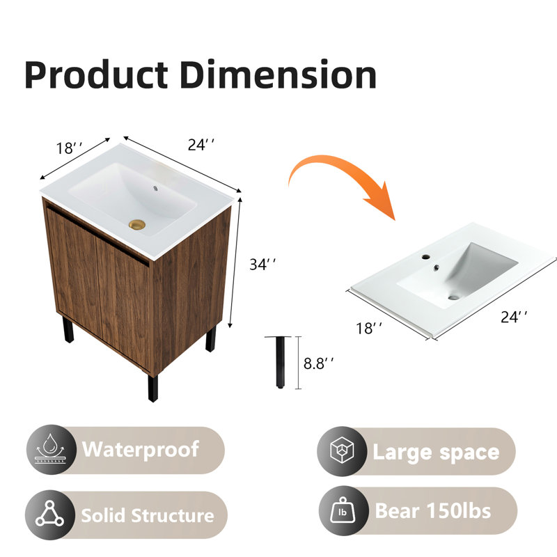 Meuble-lavabo moderne de 24 pouces avec lavabo intégré, conception autoportante, fonctionnement silencieux, grand meuble-lavabo avec tiroirs de rangement, options d'installation double, surface d'évier lisse