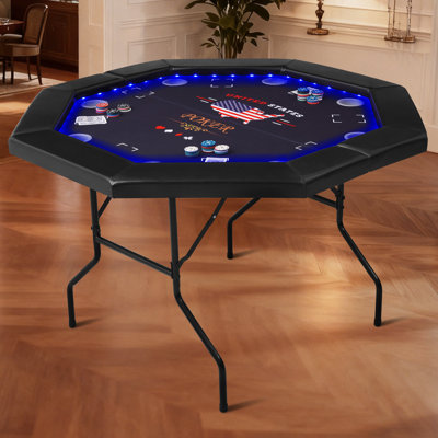 48" Foldable Poker Table With Led Lights, Octagon Casino Leisure Texas Holdem Table For 8 Player