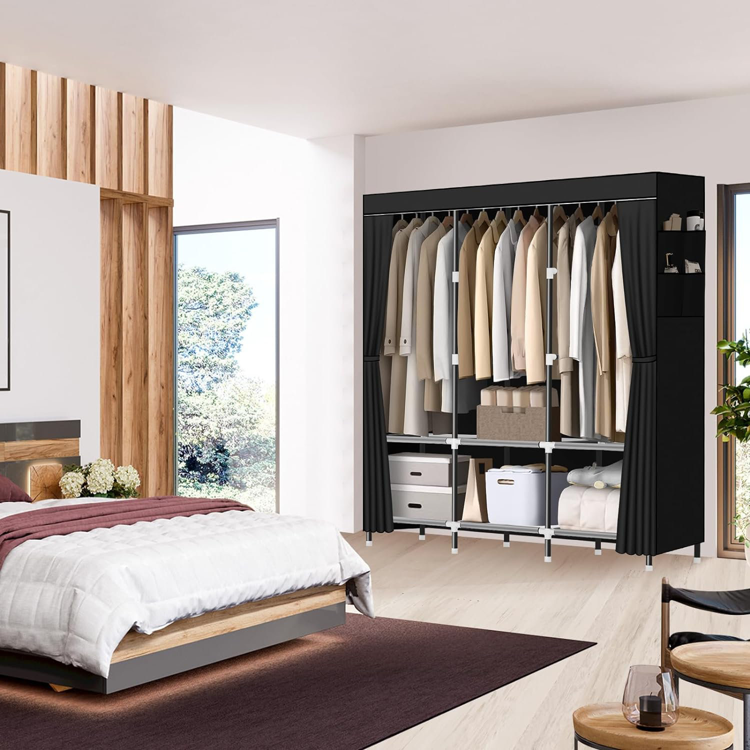 Rebrilliant Wardrobe Closet,Portable Closet For Bedroom Steel Pipe Diameter  19Mm Strong And Sturdy Black Portable Closets For Hanging Clothes With 3 ..., image size:1500x1500