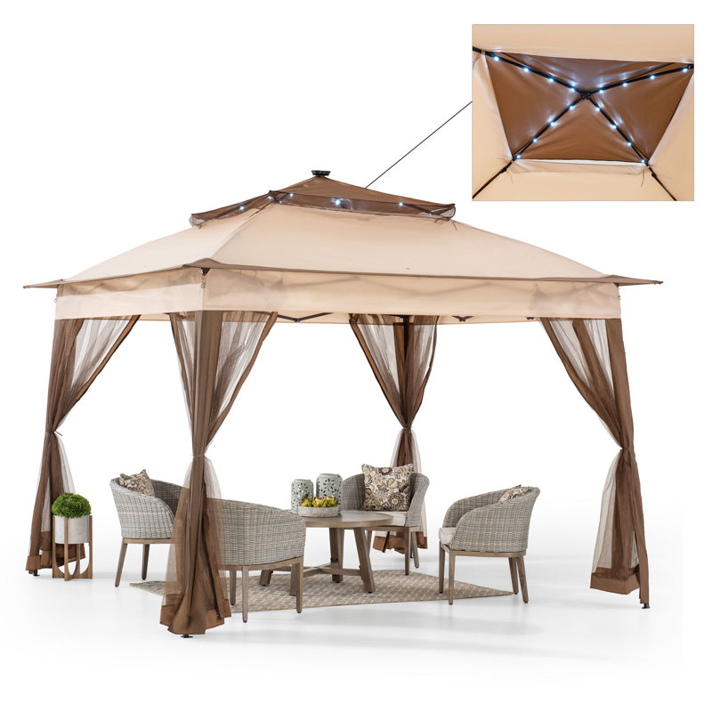 Brown Steel Frame Pop-Up Gazebo with Solar LED Lighting