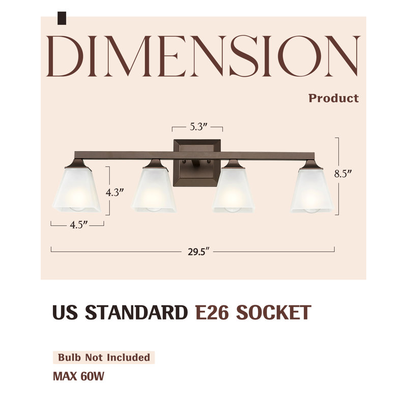 4 - Light Dimmable Farmhouse Vanity Light, Frosted White Square Glass, Oil-Rubbed Bronze Finish
