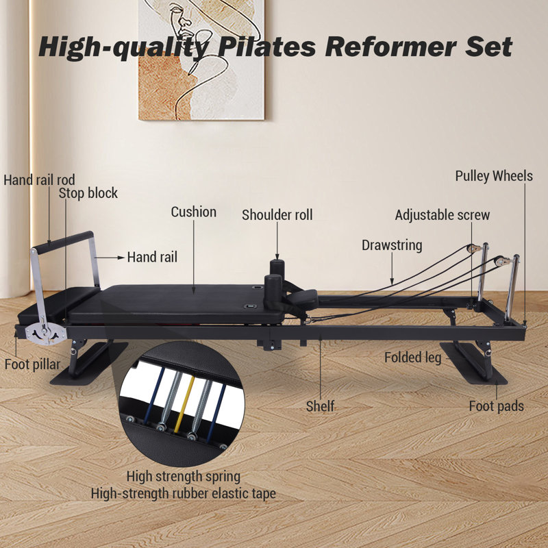 Machine de réformage Pilates pliable de 91 pouces, équipement de gymnastique à la maison de capacité 330 LBS avec barre de pied à 4 positions, poulies réglables à 3 niveaux et supports d'épaule amovibles