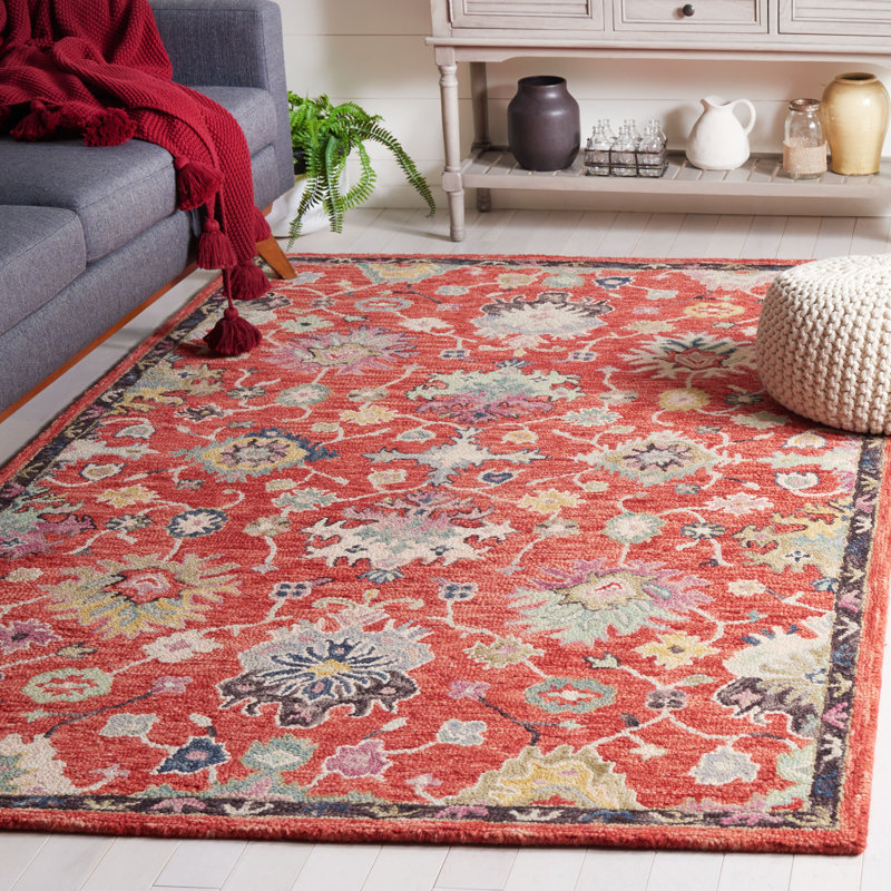 Dassie Tufted Wool/Cotton Performance Floral Rug in Ivory/Red, Rectangle 3' x 5'