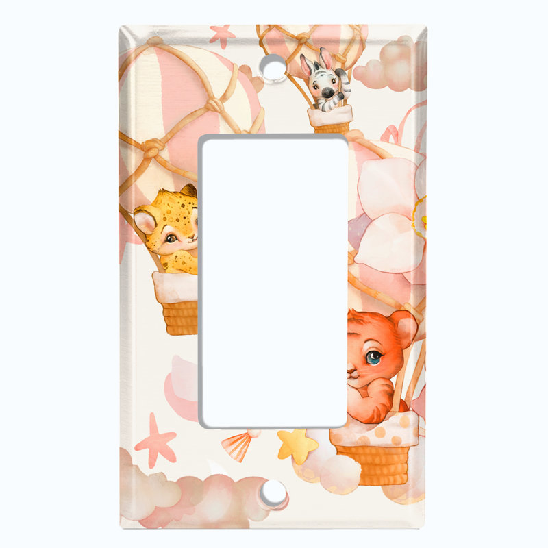 Metal Light Switch Plate Outlet Cover (Cute Nursery Animals Balloon Pink - Single Toggle)