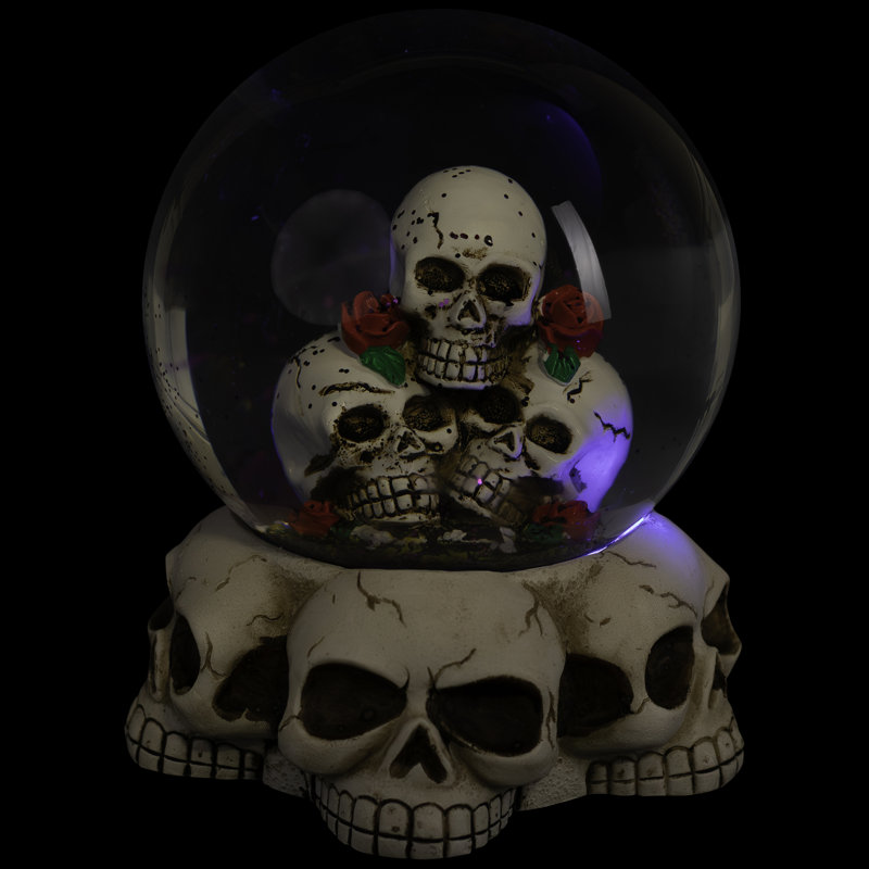LED Lighted Skulls And Roses Halloween Snow Globe With Sound - 6"