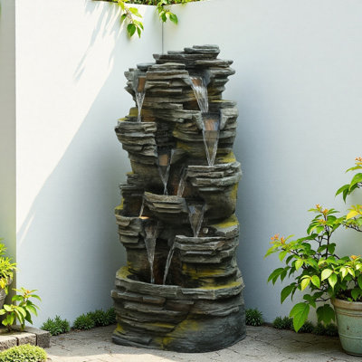 Fountain Resin Modern Tiered Design With Stone Texture Waterfall & LED??