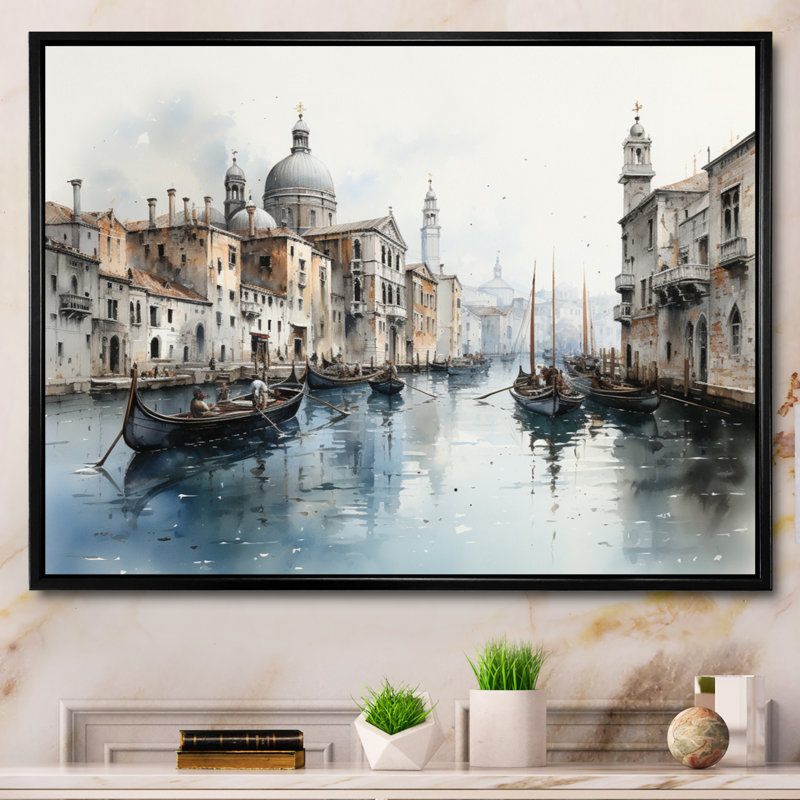 "Blue Canal Urban Venice Charcoal", reproduction sur toile, Cadre photo noir, H 30 po x l 40 po x P 1,5 po