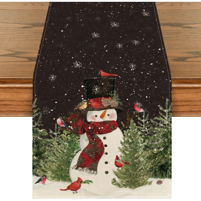 Snowman Birds Trees Christmas Table Runner, Seasonal Winter Holiday Kitchen Dining Table Decoration For Home Party Decor