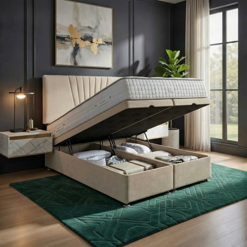 Upholstered Ottoman Bed, Cream, King