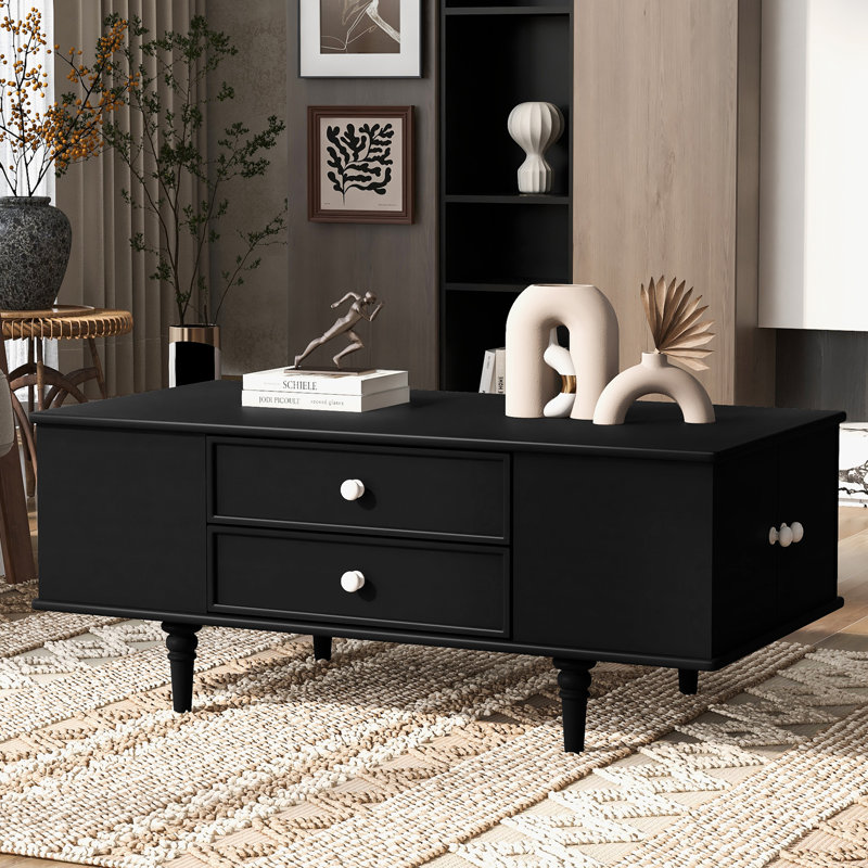 Table basse rectangulaire avec quatre tiroirs et deux compartiments de rangement cachés, Noir