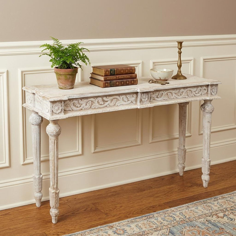 Console 54 po en bois massif vieilli, Blanc antique