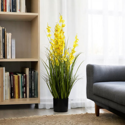 Herbes artificielles mixtes 36 pouces et fleurs d'orchidées en pot noir