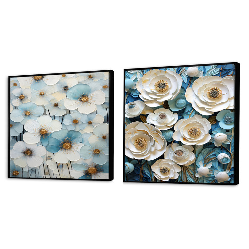 Bleu et blanc minimalisme Pensies Garden Zen - Ensemble de 2 collages carrés, Cadre flottant noir, H 16 po x l 33 po