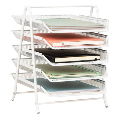 5-Tier Paper Tray Organizer, Vertical Desktop File Storage Rack, Office, Metal Mesh, White