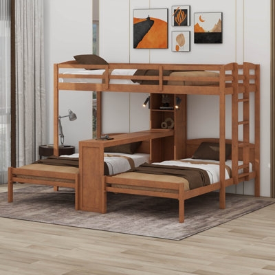 Twin Over Twin Over Twin Triple Bunk Bed With 2 Reading Lamp, 3-In-1 Beds With Desk And Storage Shelves, Headboard, Footboard