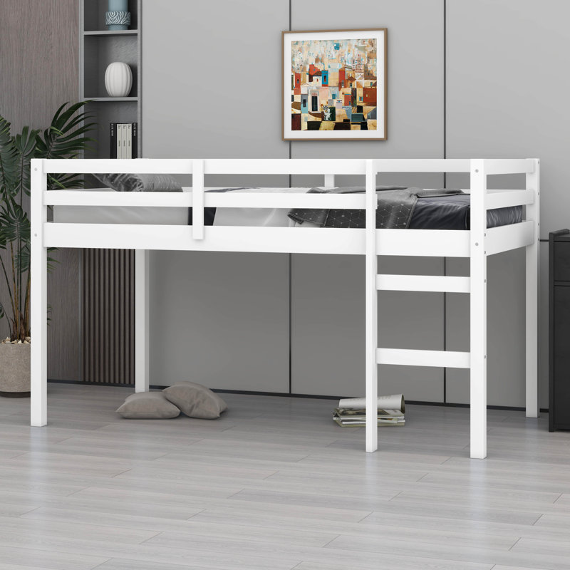 Lit mezzanine simple en bois d'hévéa massif - échelle et plateforme à lattes renforcées, Blanc