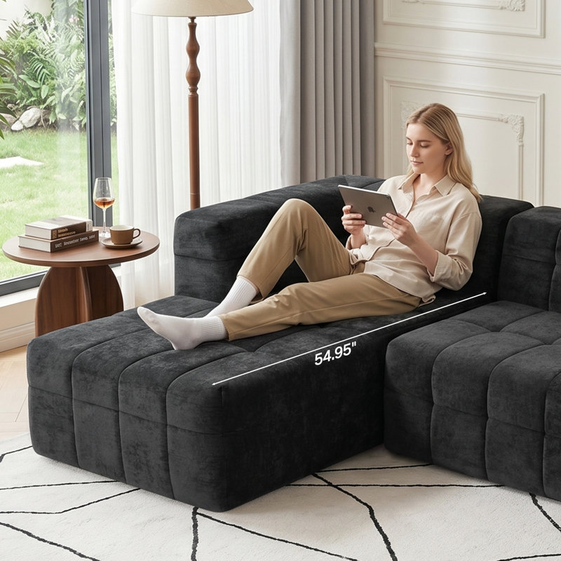 Canapé d'angle modulaire en chenille de 267 cm (105 po) avec méridienne, sans ossature apparente, noir. Aucun assemblage requis.