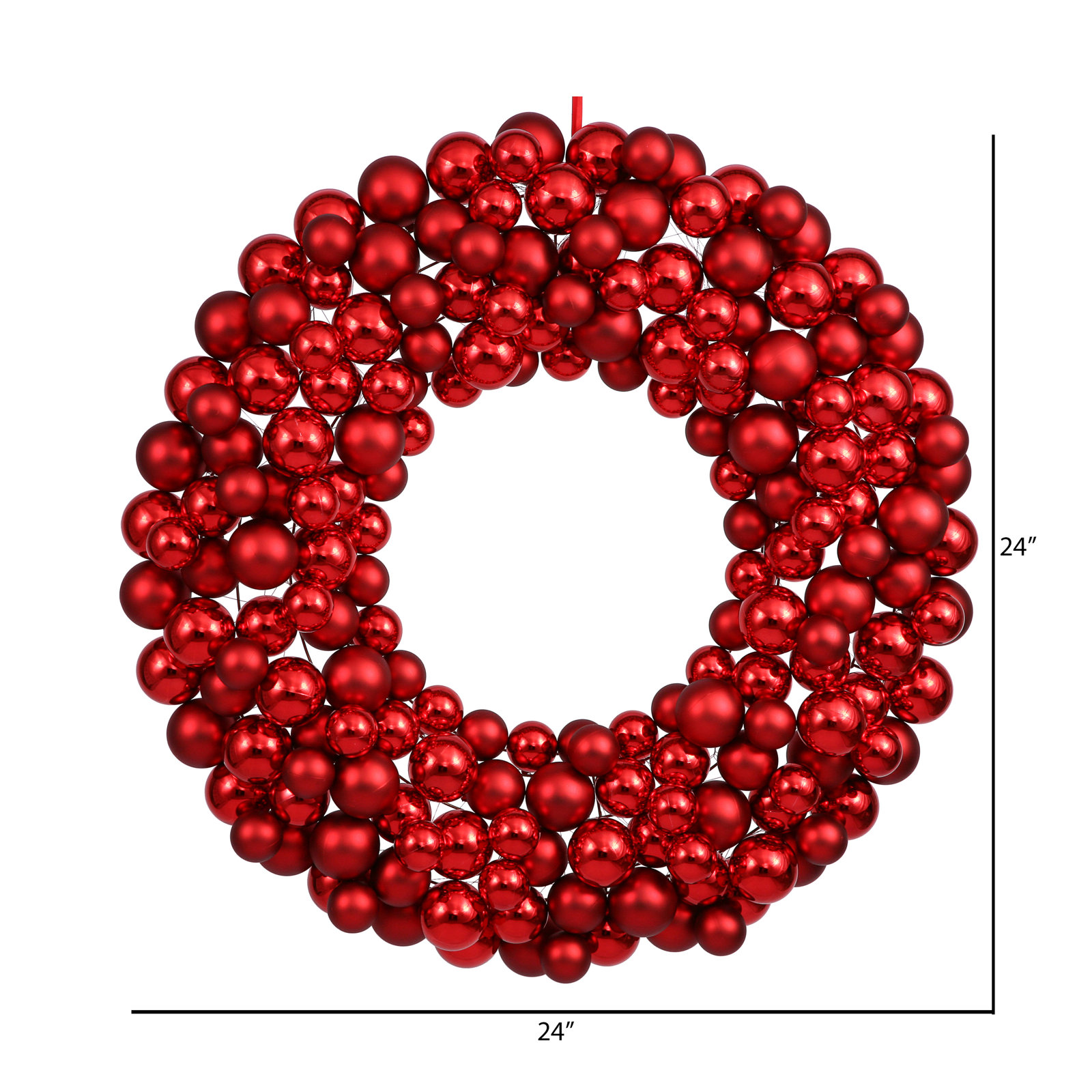 Shiny and Matte Ball Wreath, Red, 24" W x 24" H x 3" D