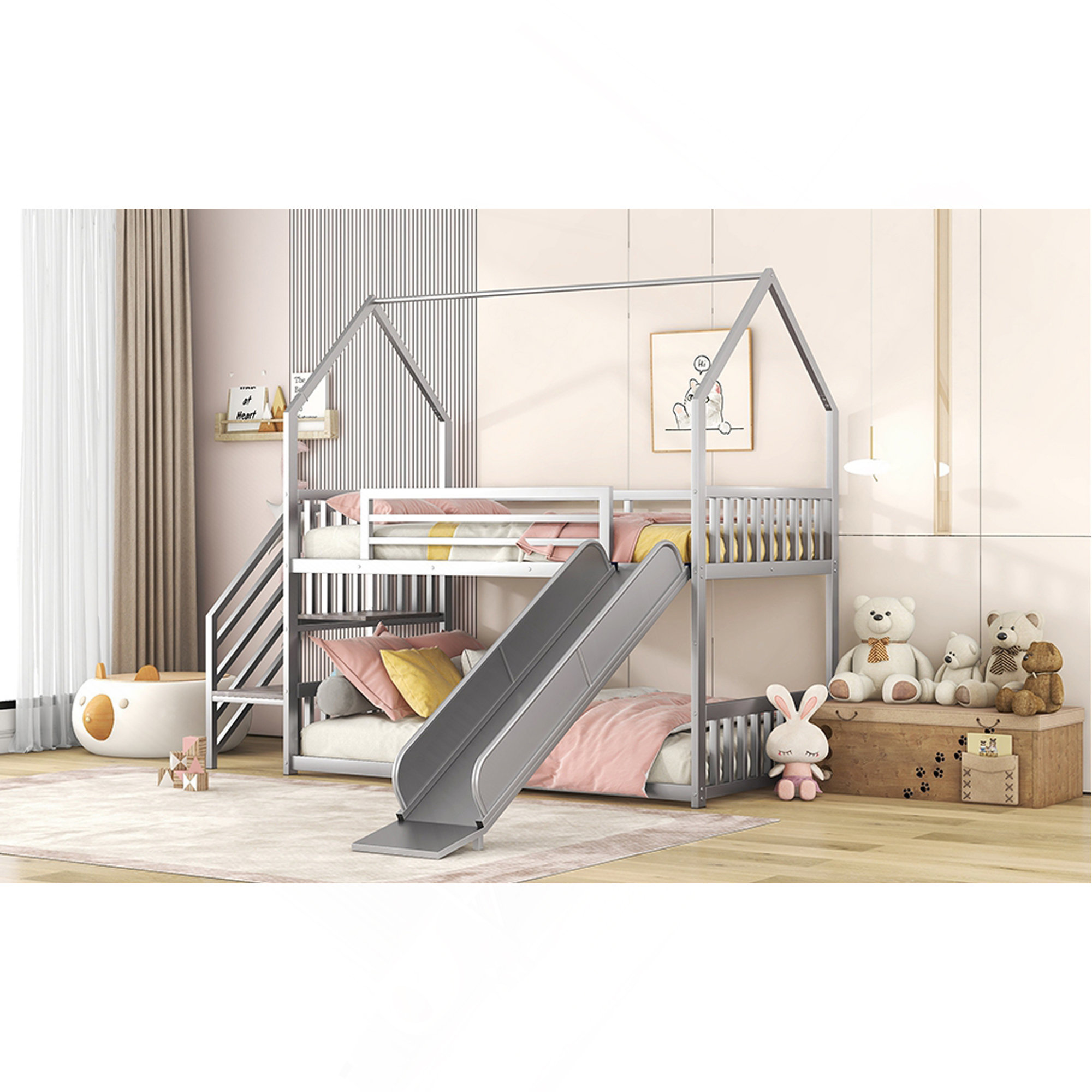 Latitude Run® Twin Over Twin Metal Bunk Bed House Bed With Slide And ...