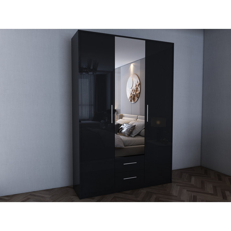 Pamel 3 Door Manufactured Wood Wardrobe, 199 H x 135 W x 58 D cm, Gloss Black