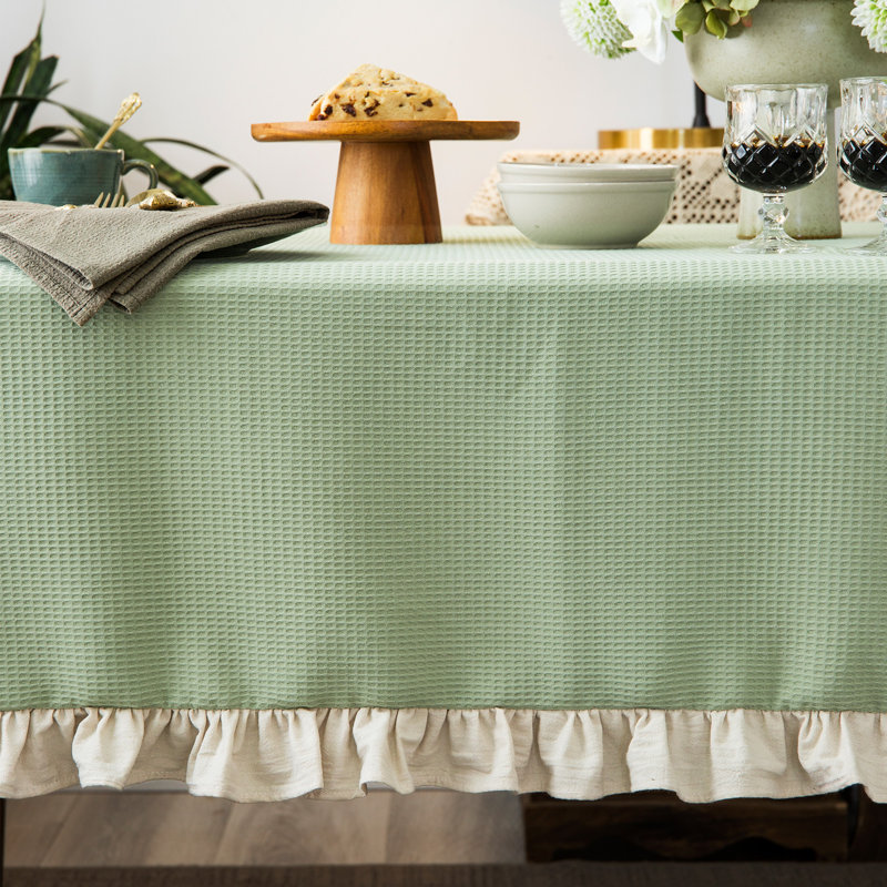 Waffle Weave Textured Rectangle/Oblong Tablecloth With Cotton Retro Ruffle Trim Solid For Farmhouse Decor, 84" L x 55" W