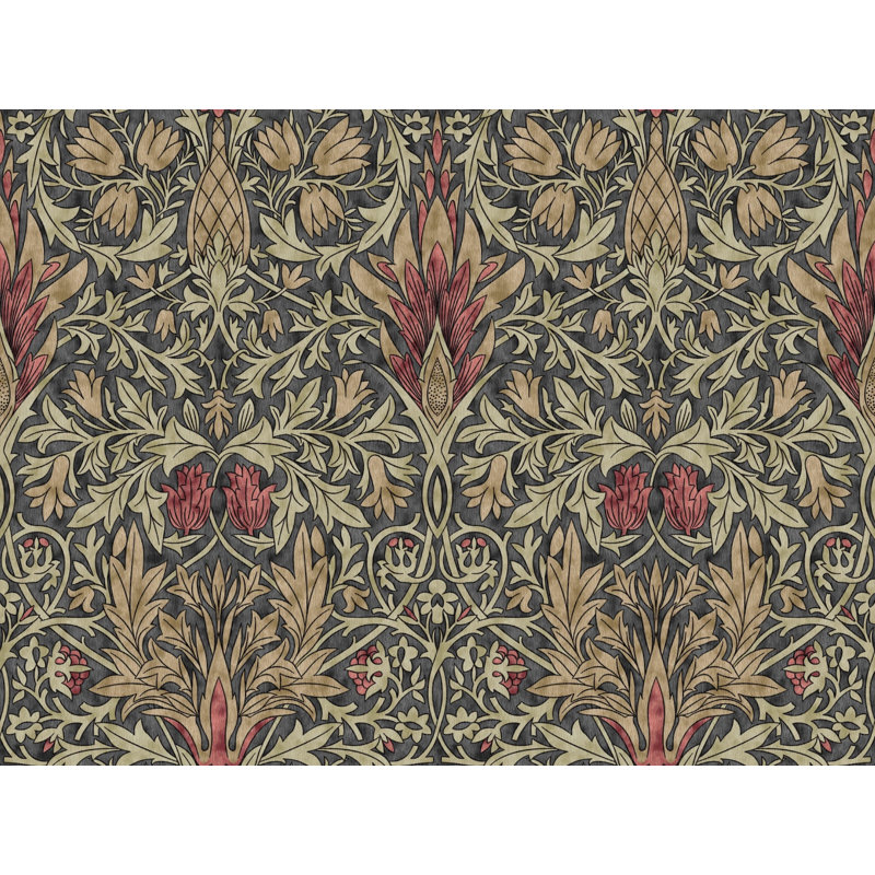 Papier peint damassé rétro floral beige et gris anthracite, Non tissé, non collé
