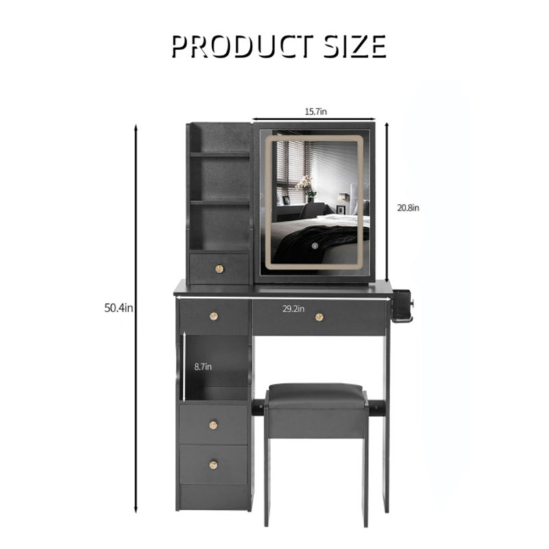Commode de table 29,2 po avec tabouret rembourré, Noir
