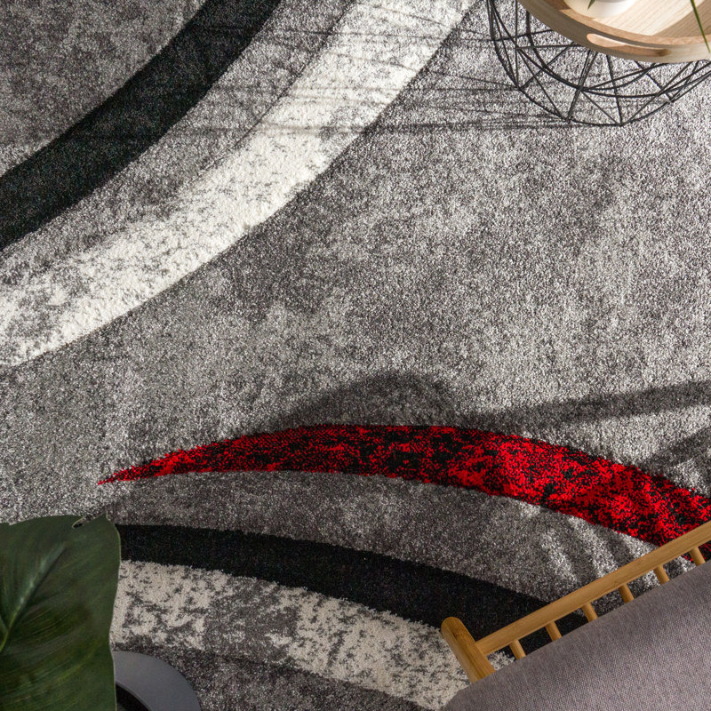 Large Gray and Red Abstract Rectangular Area Rug