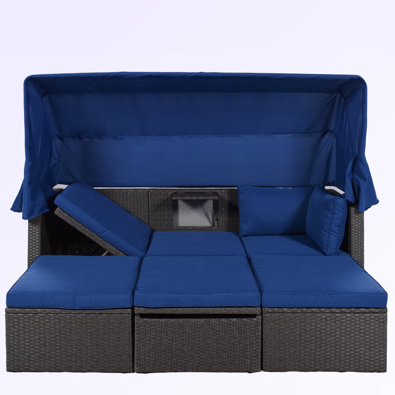 Ensemble de conversation en osier pour 5 personnes avec coussins Amaras Polyéthylène (PE), Bleu