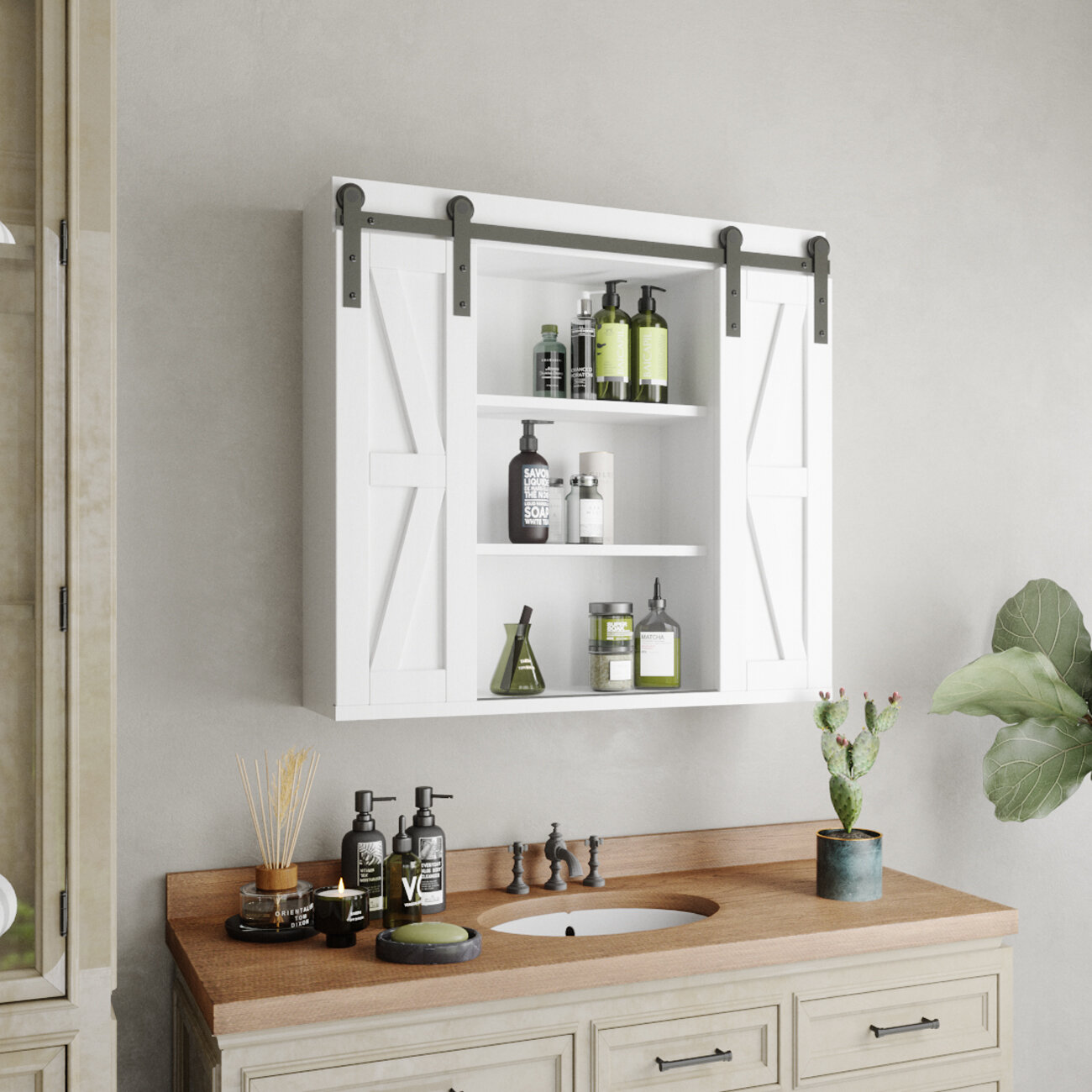 Gracie Oaks Wall Mount Bathroom Cabinet with 2 Adjustable Shelves, Medicine  Cabinet with Sliding Barn Door