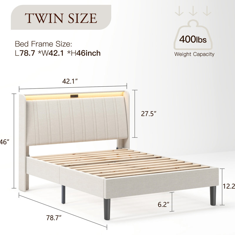 Structure de lit simple avec tête de lit et structure rembourrées confortables - métal et bois, 800 lb maximum, beige, 2 prises de courant alternatif, plateforme de montage silencieuse, base en bois tendre, capacité de 800 lb, velours beige, bruit