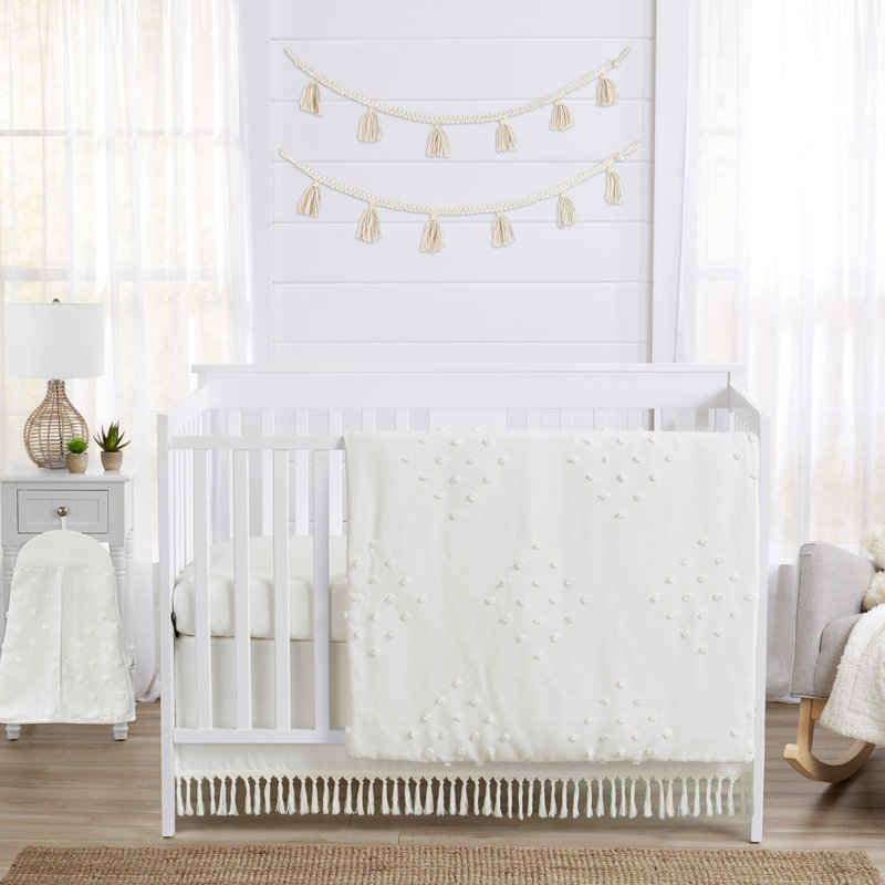 Ivory Microfiber Boho Dot Toddler Comforter with Macrame Fringe