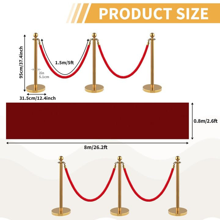 Ensemble de clôture d'extérieur en acier inoxydable - 6 poteaux de poteau, 4 cordes cramoisies douces, tapis rouge de 26 pi - ensemble de barrière de contrôle des foules, paquet de 6