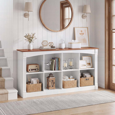 Organisateur de rangement à 8 cubes avec bois à deux tons, bibliothèque à 2 niveaux, moulures décoratives et tablette de rangement ouverte pour une utilisation polyvalente