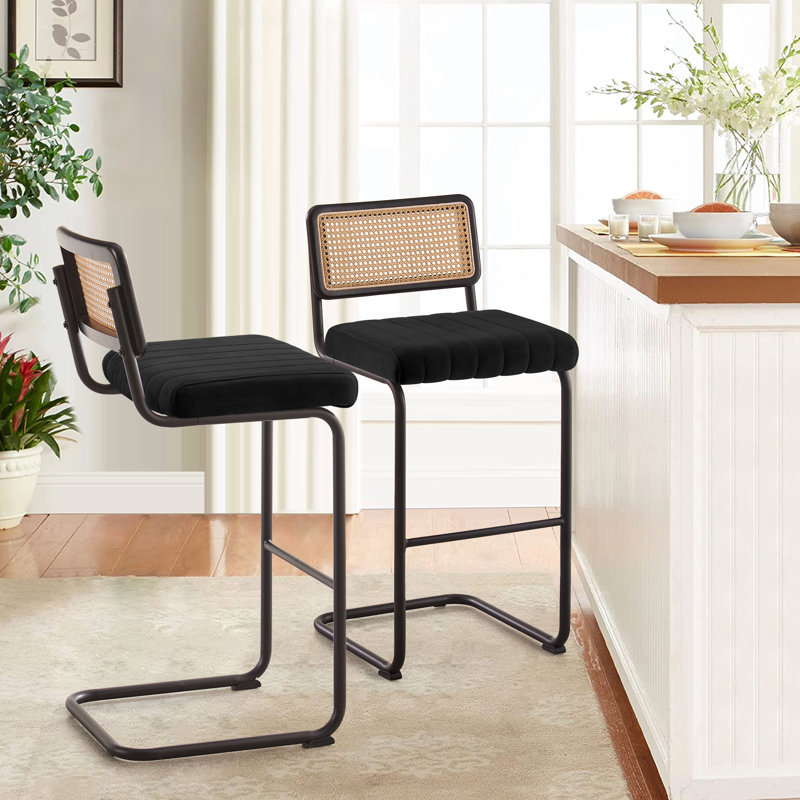 Krystalin Velvet Upholstered Cane Back Stool, Black, Black, Bar Stool (30” Seat Height)