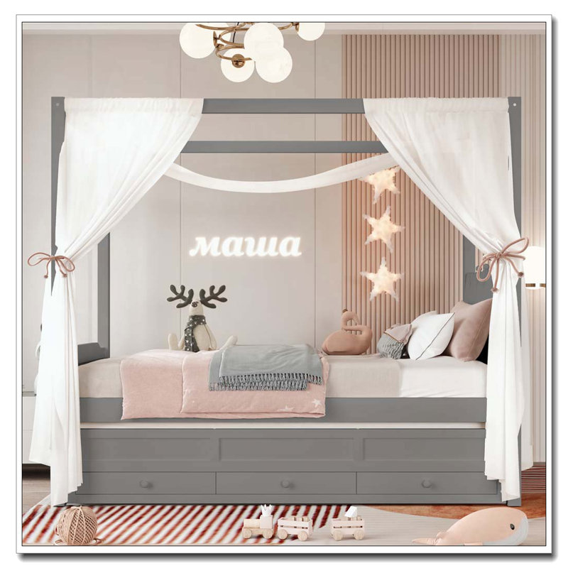 Lit plateforme double avec tête de lit tapissier, lit gigogne simple et 3 tiroirs, Lit double, Gris
