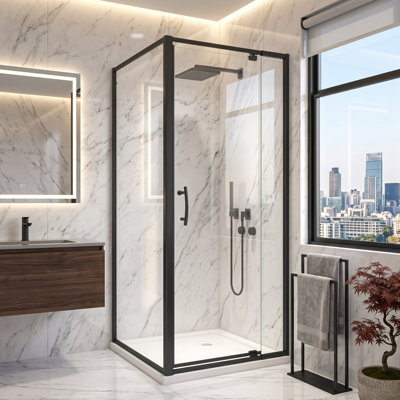 Cabine de douche semi-sans cadre, porte de douche à pivot d'angle avec verre trempé ANSI de 1/4 po 6 mm