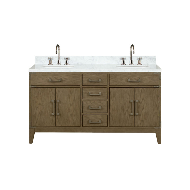 Meuble-lavabo double en chêne gris 60 po X P 22 po D, dessus en marbre de Carrare et ensemble de robinet, Gris