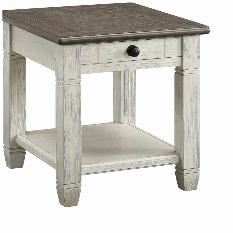 Table de bout en bois blanc antique antique avec table de bout et tiroir, Blanc antique, Gris