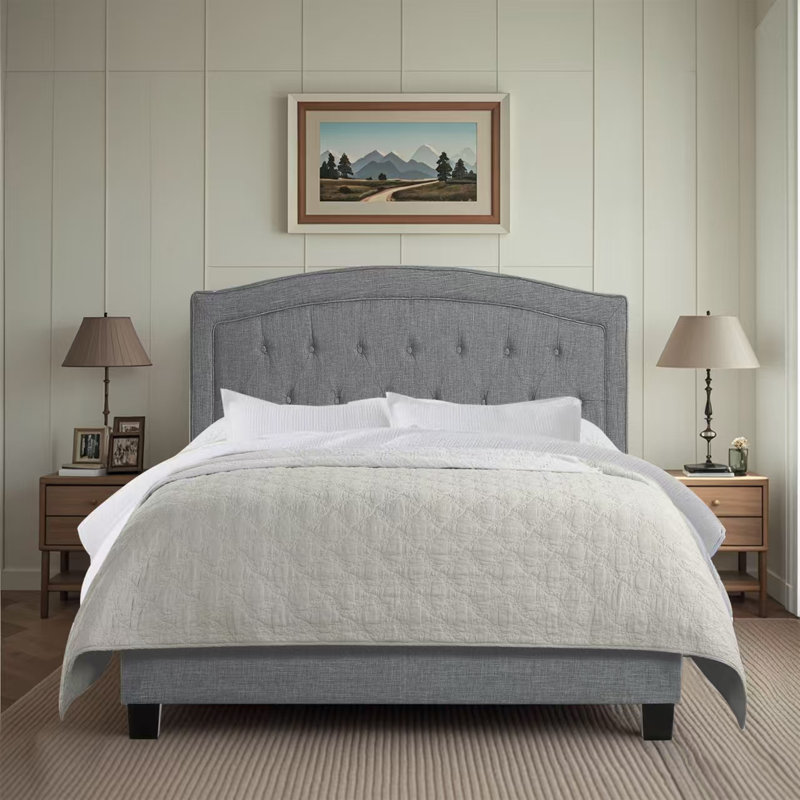 Lit tapissier rembourré avec tête de lit à hauteur ajustable, Double, Grey
