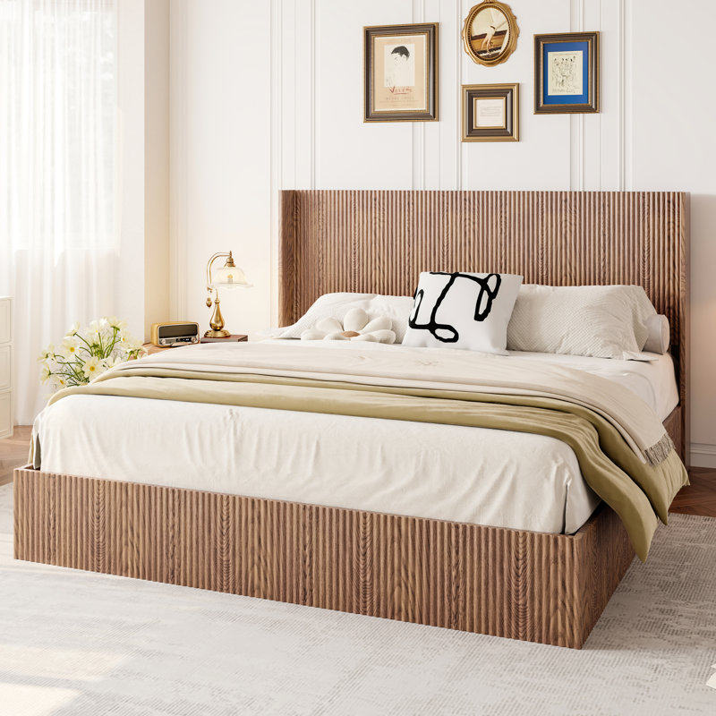 King Pine Bed Frame With Natural Wood Texture, Large Grooved Undulating Lift Storage, Stainless Steel Connection For Stability Walnut Color, Storage Function, Double Hydraulic Rods Easy Lifting