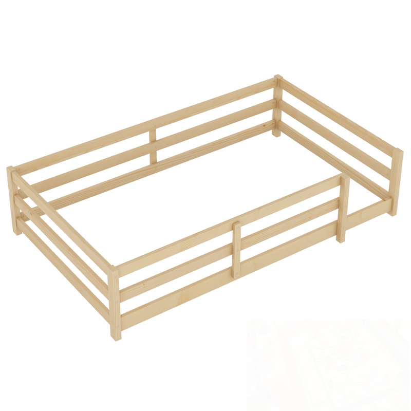 Twin Size Floor Bed With Fence, Natural, Twin