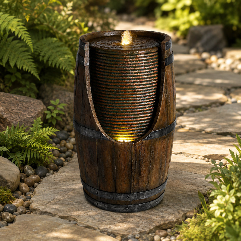Fontaine extérieure en résine tonneau avec lumières DEL et bain d'oiseaux, Brown