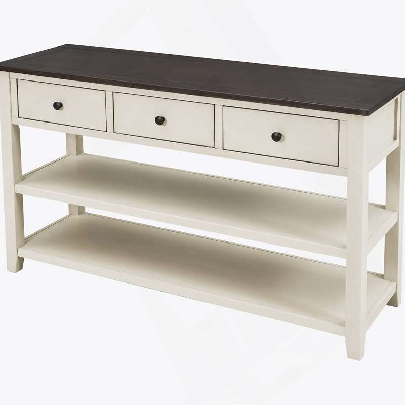 Console rétro avec deux tablettes ouvertes, structure en bois de pin massif et pieds pour le salon (espresso et beige)